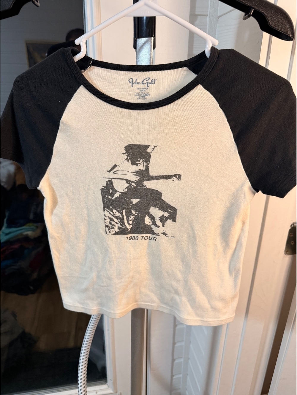 John Galt Cream and Black Raglan Crop T Shirt 1980 Tour Graphic